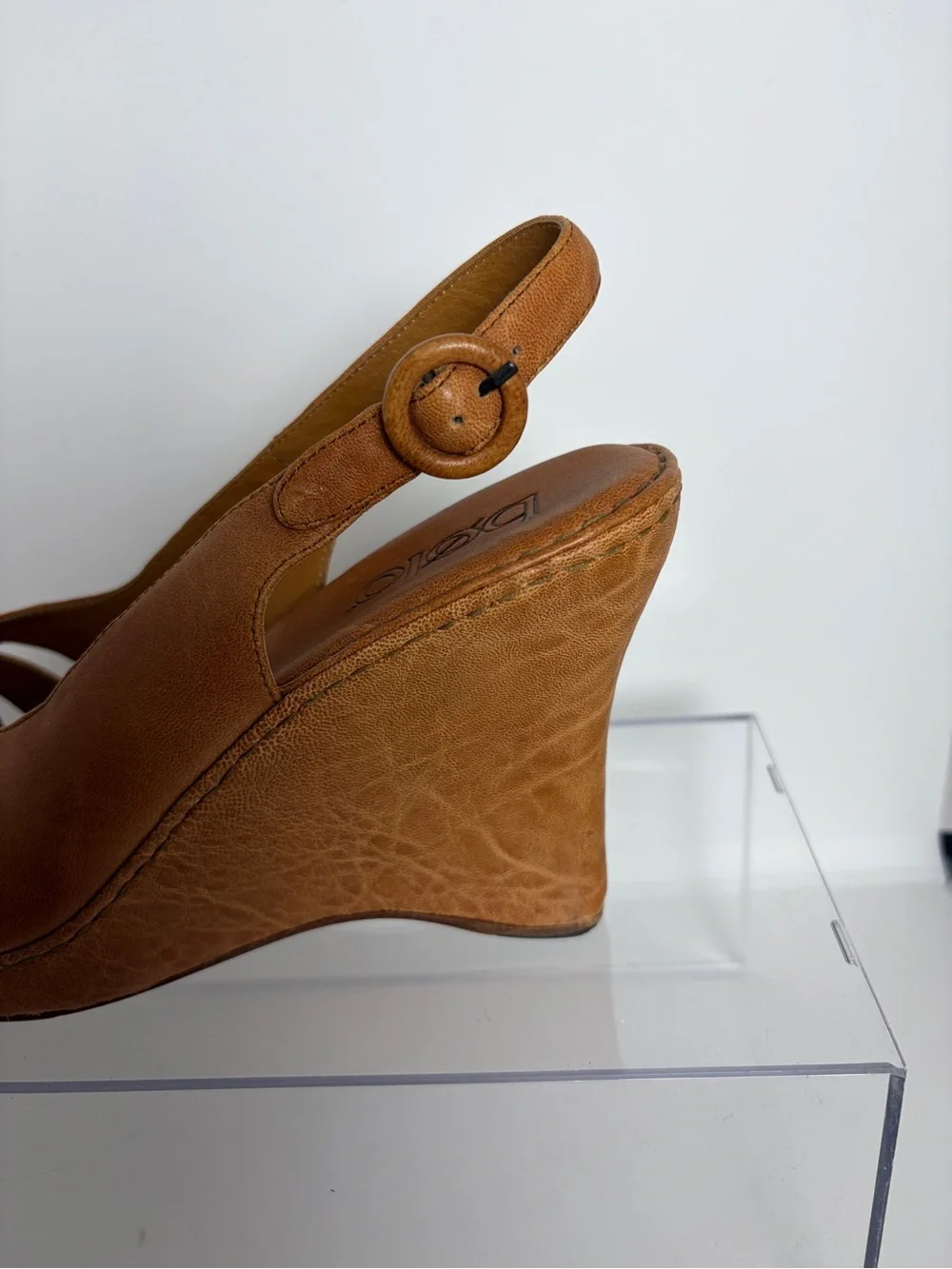 Bolo Leather Peep-Toe Slingback Wedge Sandals in Cognac; Size 8/39; Made by Born